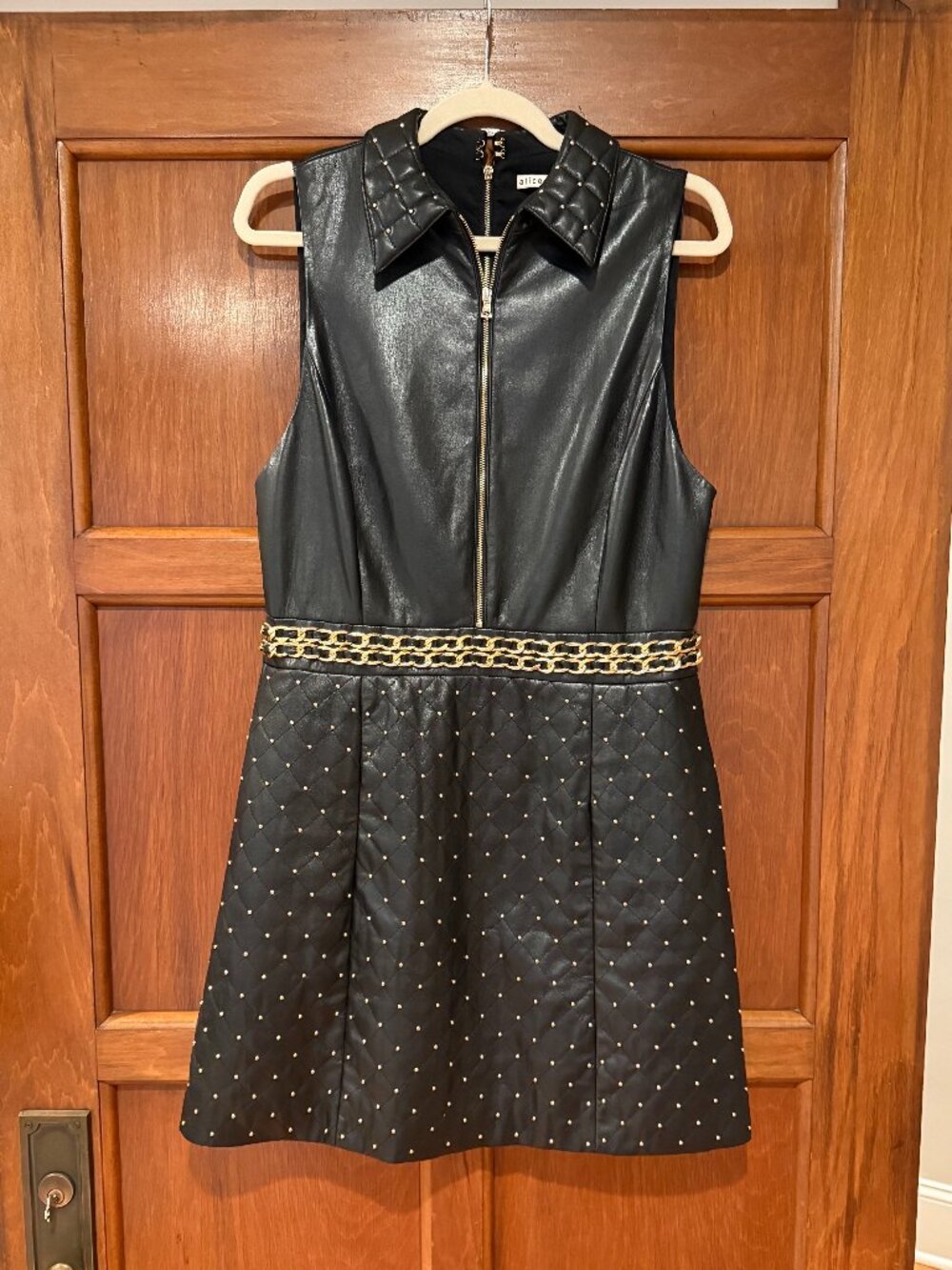 Alice + Olivia Black Ellis Quilted Faux Leather Mini Dress, Gold Chain, Size 12